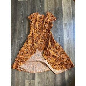 Ashro Orange and brown midi dress with a flowy, asymmetrical design